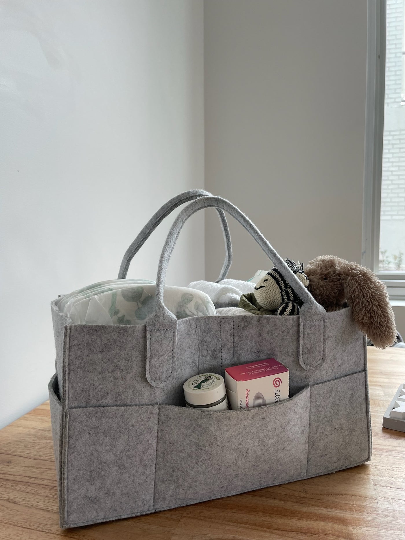 Premium Felt Fabric of Grey Nappy Organiser by KoalaComfort™ - Close-up view